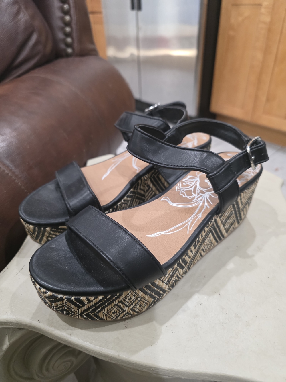 DV by Dolce Vita Black Wedge Sandals with Patterned Platform